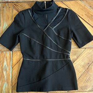 Karen Millen Black Top Size 2 Short Sleeve‎ Peplum Mock Neck Faux Leather Trim
